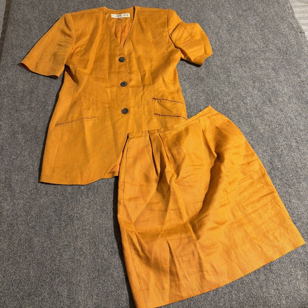 Vtg Linen Valerie Stevens Skirt Suit Set Womens Size 4/6 Gold Blazer/Skirt